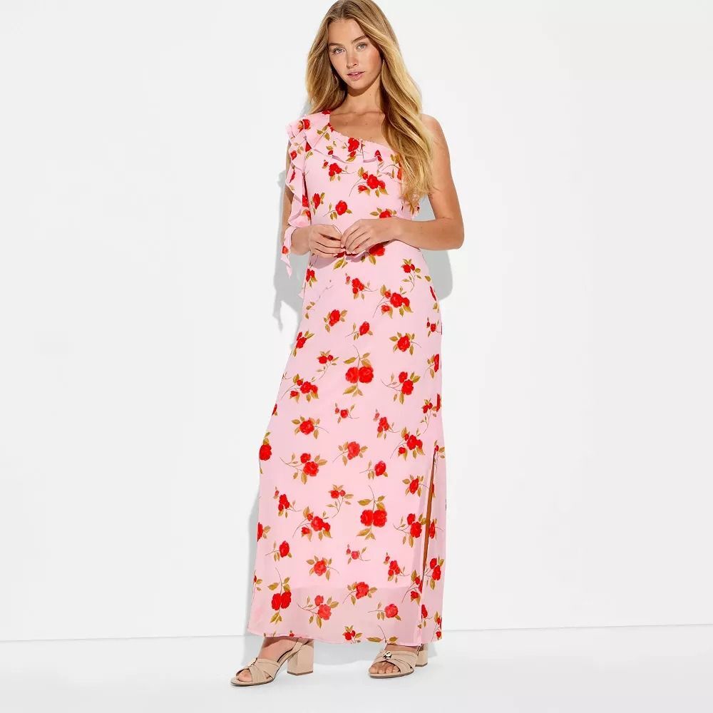 Women's Ruffle One Shoulder Midi Bodycon Dress - Wild Fable Pink Floral XL